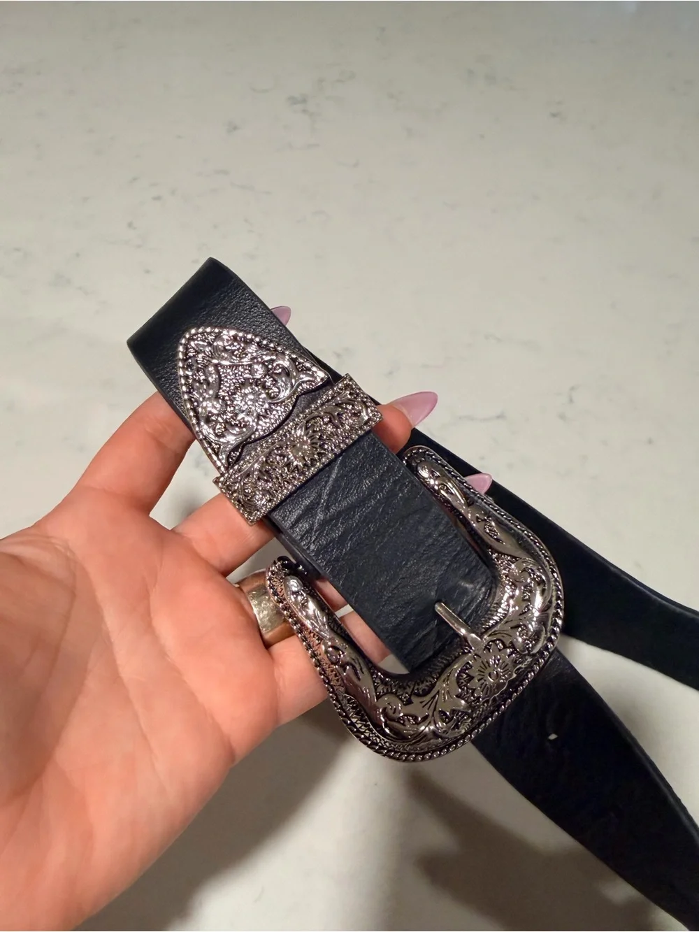 B-Low the Belt Black Double Western Buckle Belt with Silver Hardware